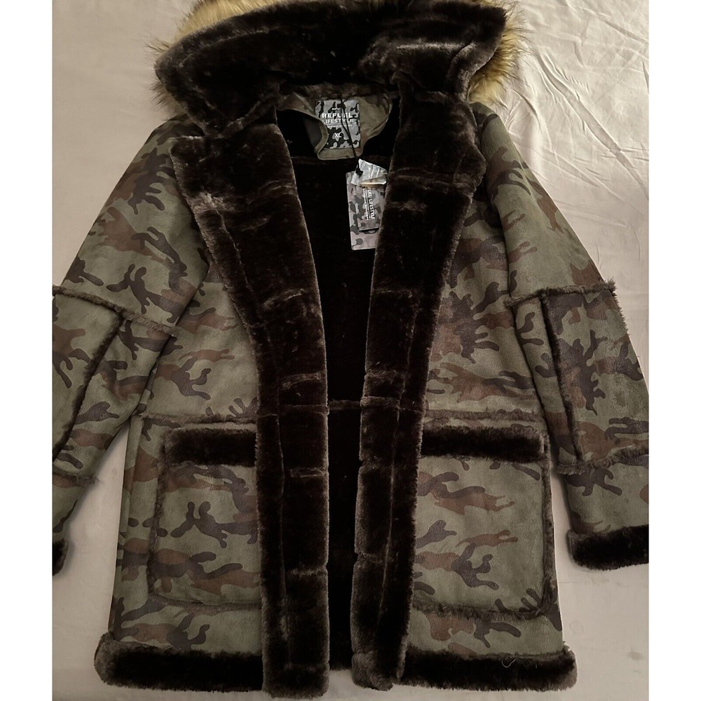 REFUEL LIFESTYLE CAMO FAUX NUBUC PARKA COAT REMOVABLE HOODIE SIZE XL NEW W TAGS